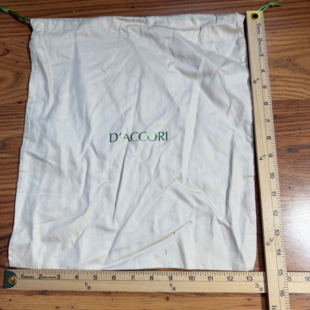 D'Accori Designer Dust Bag Cream Metallic Green Logo Drawstring 13.5x15